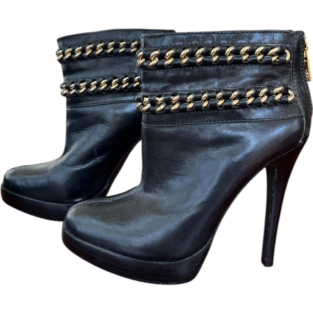 Tory Burch Black Leather Lysa Gold Chain Booties Back Zip 4" Heel Women's 6.5